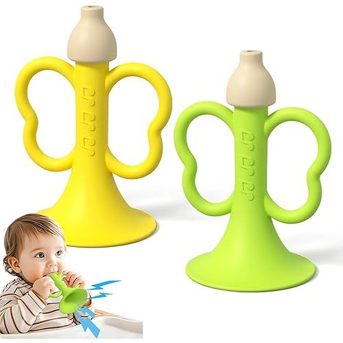 Baby Trumpet Toy 6-12 Months, Silicone Baby Horn Blowing Toy with 2PCS Yellow Green for Teething Sensory Play, Infant Easy Grip Teether Whistle Toys 0-6 Months, Toddlers Newborn Gift