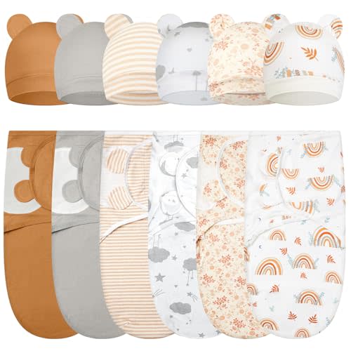 Ramede 6 Pack Swaddle Blanket with Hats for Baby Girl Boy 100% Cotton Swaddles 0-3 Months, Adjustable Breathable Skin Friendly Receiving Blanket Wrap, Essential for Newborns