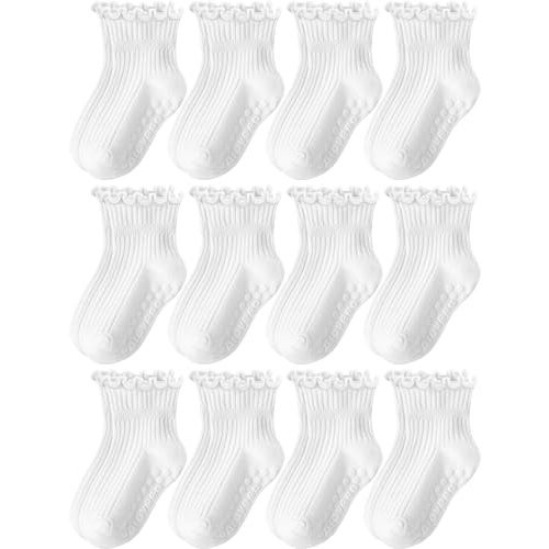 Aroveea Toddler Girls Socks 12 Pack Grip Non Slip Ruffle Frilly Cotton Socks for Toddlers Baby Girls Kids Cute 6M-7Years