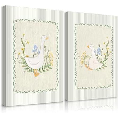 Vintage Nursery Goose Wall Art Decor Baby Room Canvas Poster Sage Green Nursery Art Prints Silly Goose Wall Decor Sweet Floral Painting Boys Animal Pictures Bedroom 12x16 Inch Ready to Hang 2pcs