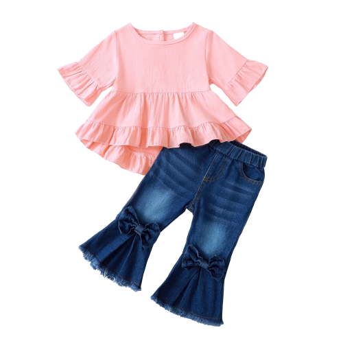 6 Months Baby Girls Clothes 12 Months Girls 2PCS Denim Outfits Set Solid Color Infant Girls Medium Sleeve Top Denim Pants Set Pink