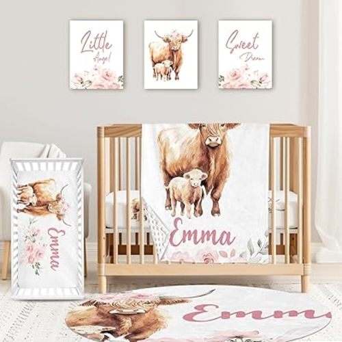 Custom Baby Crib Bedding Set,Personalized Name Pink Highland Cow Pattern Nursery Bed Set 4 Piece,Baby Blanket Fitted Sheet Nursery Rug Wall Art Set,Custom Room Decor Idea Gift for Newborns Boys Girls