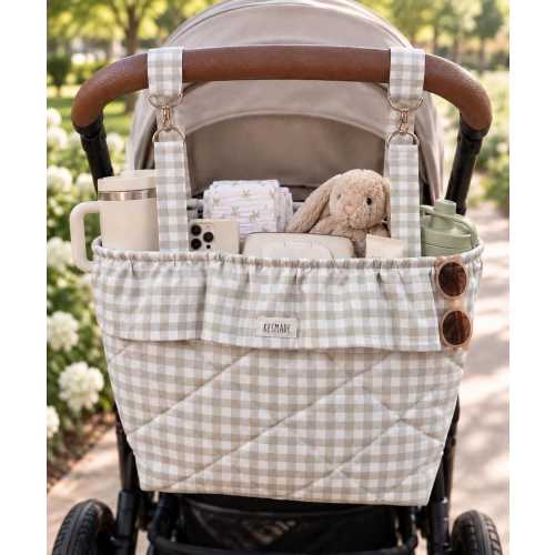 Beige Gingham Ruffle Stroller Caddy | Detachable Quilted Stroller Organizer