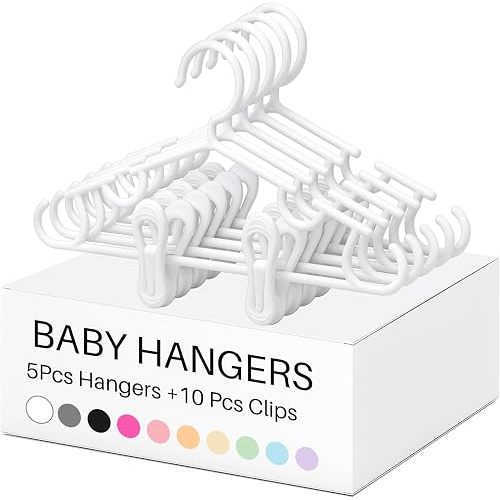Hsei 5/10/40 Pack Baby Hangers with 10/20/80 Clips Plastic Kids Pants Hanger for Newborn Nursery/Daycare/Preschool Closet/Wardrobe Organizer Baby Shower Party(15 Packs Total,White,10.6 Inch)