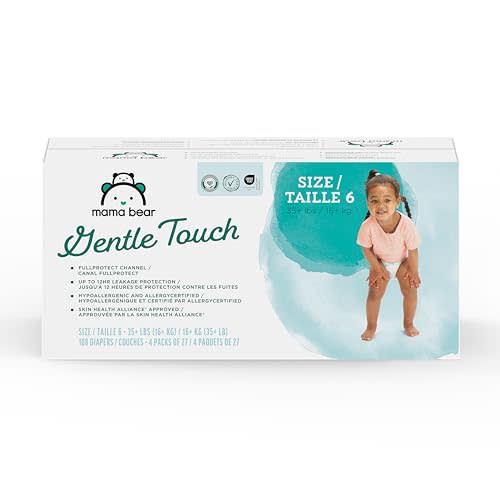Amazon Brand - Mama Bear Gentle Touch Baby Diapers, Size 6, 108 Count (4 Packs of 27), Hypoallergenic, Wetness Indicator