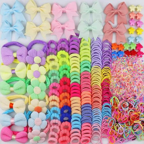 Hair Ties for Little Girls, 933Pcs Toddler Hair Accessories Set with Soft Rubber Bands, Bows & Flower Claws, No Pull for Thin Hair | Ligas para Cabello de Niñas (Pink)