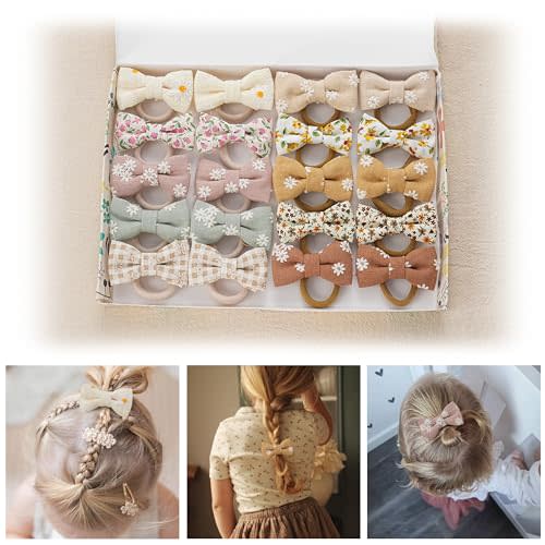 Baby Toddler Girls Hair Ties with Linen Bows Embroidered Flower,20 pcs No Damage Elastic Nylon Hair Bands Ponytail Holders,Small Hair Accessories Gifts for Girls Kids Children Thick Thin Hair