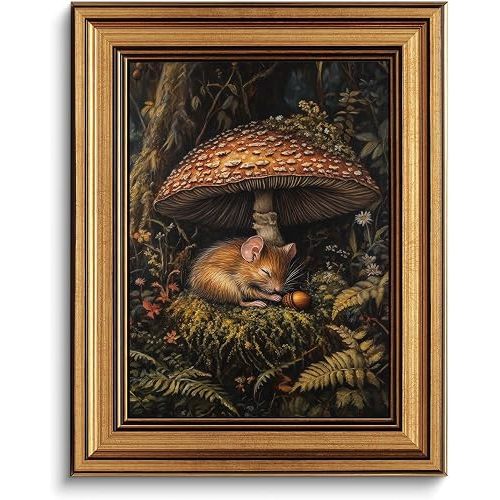 CHMMART Forest Mushroom Wall Art Whimsical Mouse Canvas Picture 8x10in