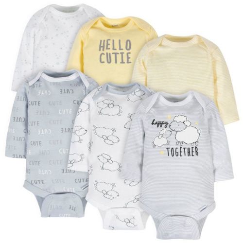 Gerber Baby Neutral Long Sleeve Onesies Bodysuits - Sheep - 6-9 Months - 6-Pack