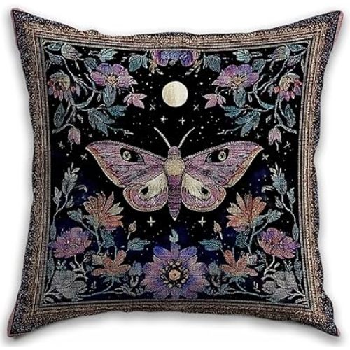 Vintage Floral Throw Pillow Cover 18x18 - William Morris Inspired Luna Moth Decor Pillowcase | Indoor Outdoor Cushion Case for Sofa Couch Bed Living Room Bedroom Home (Black&Purple, 18 x 18inch)