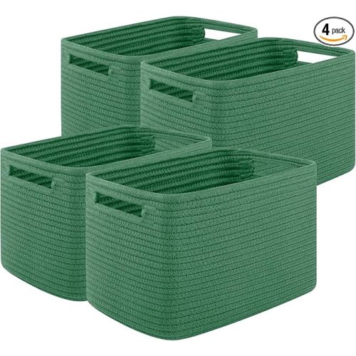 Green Storage Baskets for Organizing, Woven Decorative Baskets for Shelves - Books, Towels, and Clothes, Cotton Rope Toy Storage Bins, 12.7''Lx9''Wx7.8''H, Pack of 4, Green