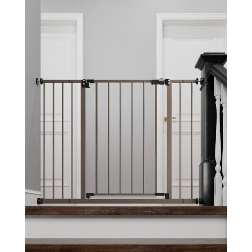 InnoTruth Baby Gate for Stairs 28.9-42.1" Wide, 30" Tall Easy Step Walk Through Expandable Dual Lock Dog Gates for The House, Metal Pressure Mounted Easy Install Pet Gate for Dogs, Brown