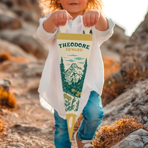 Custom Name Sign Felt Mountain Pennant | Personalized Boho vintage style nature banner flag, kids & Nursery Wall Art, Boys Girls decor gift