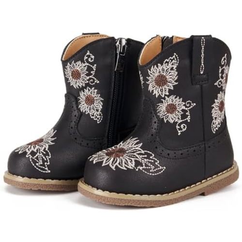 Newsonet Baby Cowboy Cowgirl Boots Infant Western Boots Toddler Boys Girls Round Toe Riding Mid Calf Boots All Seasons for 6 9 12 18 24 Months