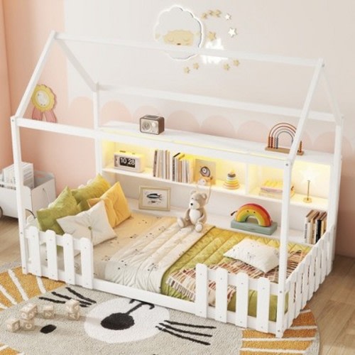 Okak Montessori Playhouse Floor Bed Twin Size,Kids Cottage Bed with Storage Bookshelf & LED Lights, Wooden House Bed Frame,White