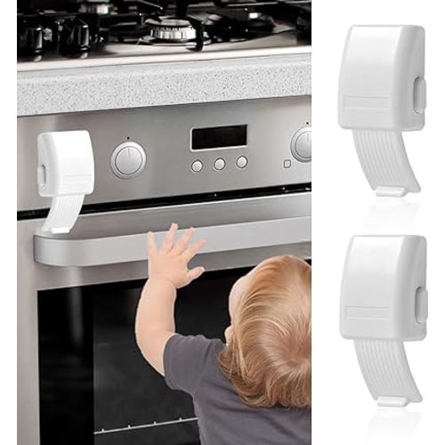 2Pcs Childproof Oven Door Lock, Oven Front Lock Easy to Install and Use Durable and Heat-Resistant Material no Tools Need or Drill (White)