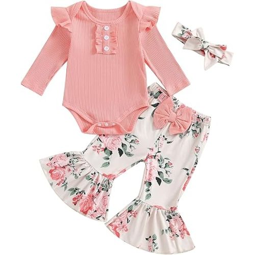MERSARIPHY Western Baby Girl Clothes Newborn Rib Knit Ruffle Romper Bodysuit Bell-Bottom Pant Set Infant Fall Winter Outfits