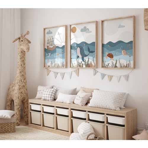 Ocean Nursery Wall Art Pictures Blue Nautical Canvas Art Beach Animal Wall Decor Baby Boys Room Wall Art Sea Whale Prints Ocean Nautical Poster for Nursery Baby Room 16x24 Inch Set of 3 Unframed