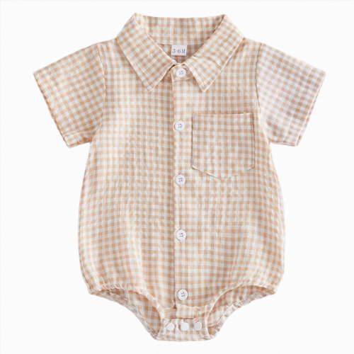 Nwiuh Baby Boy Summer Clothes Gingham Button Down Shirt Bubble Romper Short Sleeve Plaid Collared Bodysuit Beige for Size 0-3 Months