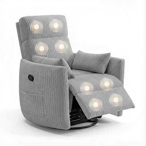 JUMMICO 360° Swivel Recliner Chair, Comfy Corduroy Fabric Nursery Rocking Chair with Vibration Massage, Manual Glider Nursing Chair with Side Pockets and 2 Pillows for Living Room Nursery (Dark Gray)