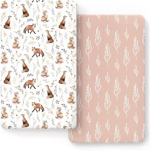 Stretch Ultra Soft Jersey Knit Fitted Crib Sheets Set 2 Pack，Fits All Standard Crib Mattress Pads Safe and Snug, Crib Fitted Sheet for Baby, Pretty Fox for Girls