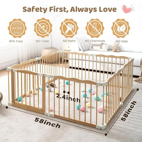 GGF Wooden Playpen & Play Yards for Babies and Toddlers, Foldable Wood Baby Play Fence with Locking Gate, Kids Activity Area Center Indoor Outdoor,57 * 57inch, Natural Wood