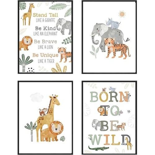 LEYIARTT Set of 4 Framed Jungle Animal Nursery Wall Art Prints with Inspirational Quotes - Perfect for Baby Kids Room Decor