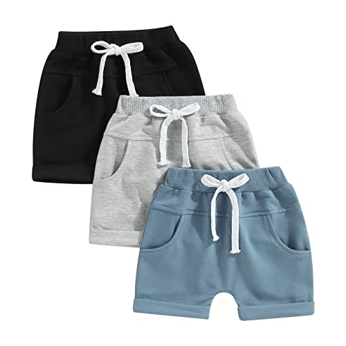 BHMAWSRT Infant Baby Boy Summer Shorts 3-Pack Toddler Shorts Boys Solid Color Newborn Soft Sweat Shorts with Drawstring