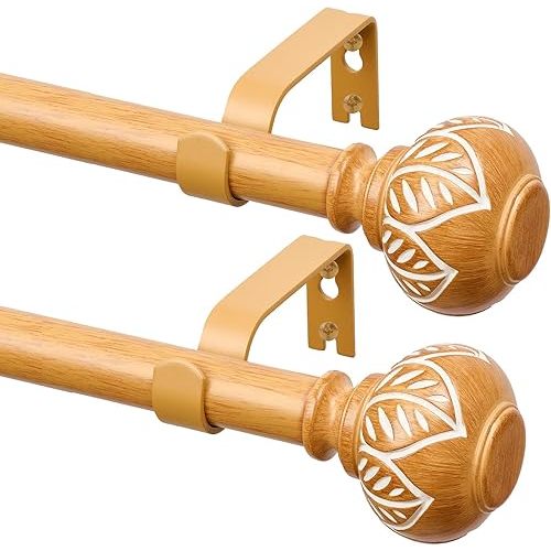 ASHLEYRIVER Wood Curtain Rods for Windows 28 to 48 Inch, 2 Pack, Heavy Duty, Decorative Single Window Curtain Rods with Round Imitation Wood Grain Finial, 30"-60", 2 Pack