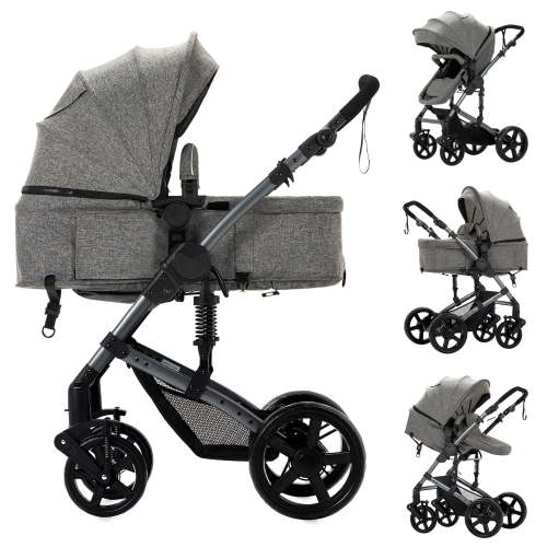 2 in 1 Foldable Baby Stroller All-Terrain Stroller,Convertible Reversible Folding Bassinet Pram with Cup Holder,Portable Travel Stroller for Newborns to Toddlers,Magnesium Alloy,26 pounds,Unisex Grey