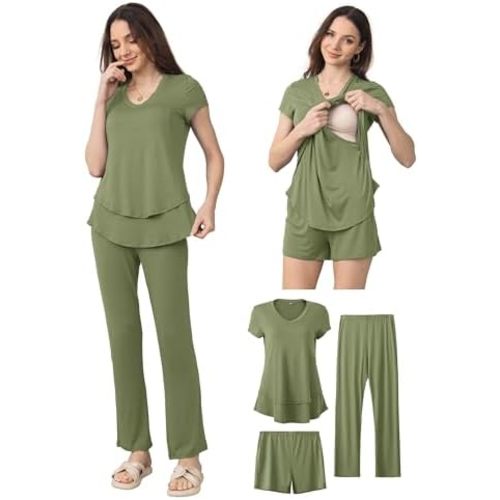 SUNNYBUY 3 PCS Maternity Breastfeeding Pajamas Set, Hidden Nursing Tops, Adjustable Pregnancy Shorts & Pants Postpartum PJS