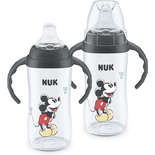 NUK First Choice Mickey Mouse Large Learner Cup 2.0, 10oz. Sippy Cup with Handles, Spill Proof, Leak Proof Soft Straw Cup, 2-pack