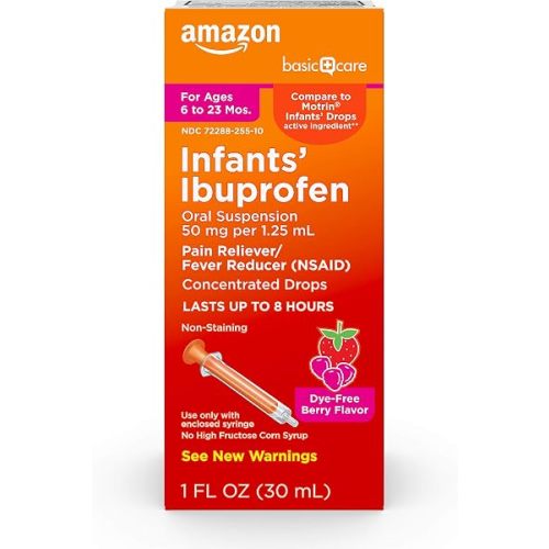 Amazon Basic Care Infants' Ibuprofen Oral Suspension, Pain Reliever and Fever Reducer, 50 mg/1.25 mL, Berry Flavor Concentrated Drops, Dye-Free, 1 fl oz (Pack of 1)