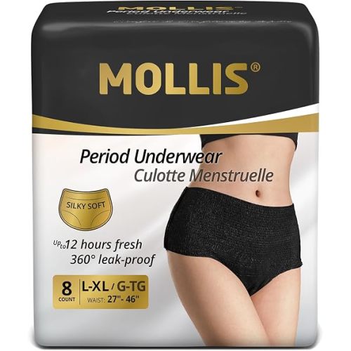 MOLLIS Disposable Period Underwear for Women, Postpartum Panties, Maternity Knickers Heavy Flow Leak Proof, Black, Large/X-Large, 8 Count