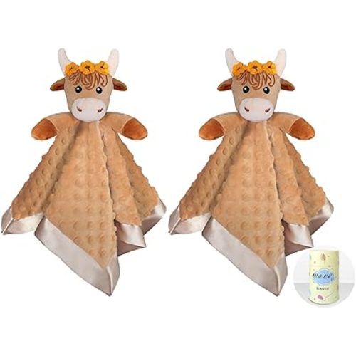 2 Pcs Loveys for Babies, Soft Baby Security Blanket Lovies for Babies, Stuffed Animals Blankie for Newborn Infant with Baby Snuggle Toy, Gilrs Gifts Highland Cow Security Blanket 16 Inch