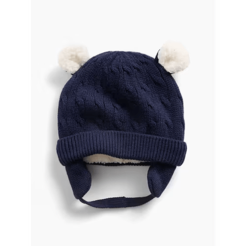Baby Sherpa-Lined Cable-Knit Bear Beanie
