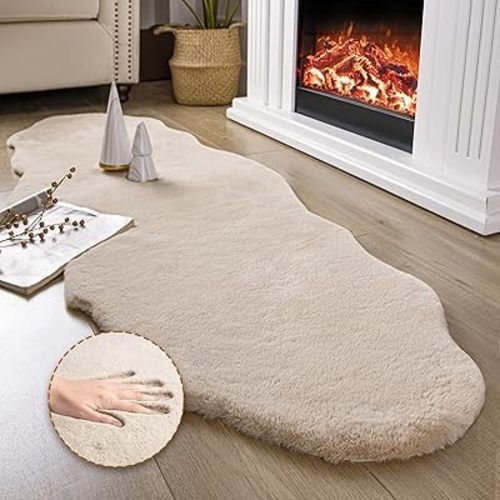 Ashler Faux Fur Rug, Upgraded Soft Faux Rabbit Fur, Beige Area Rugs, 2 x 6 Feet, Machine Washable Nursery Decor Throw Rugs for Bedroom, Kids Room, Living Room