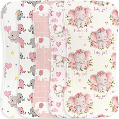 5pcs Elephant Burp Cloths for Baby Boys Girls Parent,100% Cotton Pink Elephant Themed Design Burp Rags, Muslin Burping Cloths Absorbent Spit-Up Cloths for Infant Newborns