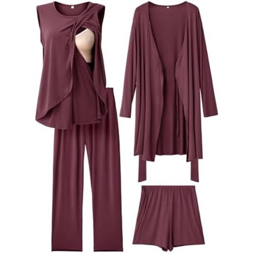 Rnxrbb 4 PCS All-Season Nursing Pajamas Robe Set for Hospital Postpartum Breastfeeding Maternity Pjs Gown Lounge Clothes