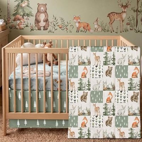 3 Pcs Baby Crib Bedding Set for Boys Forest Animal Theme Crib Bedding Set