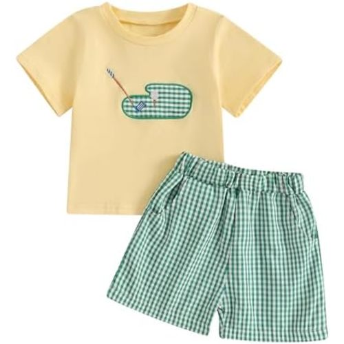 Toddler Baby Boy Clothes Golf Cart Embroidery Short Sleeve T-Shirt Top Gingham Seersucker Shorts Set Summer Outfits