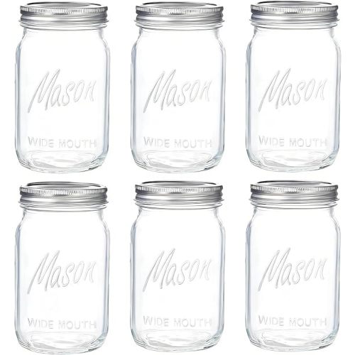 WELLIFE Wide Mouth Mason Jars, 6 Pack Mason Jars 32 oz for Pickling, Canning, Fermenting and Food Storage, Microwave & Dishwasher Safe