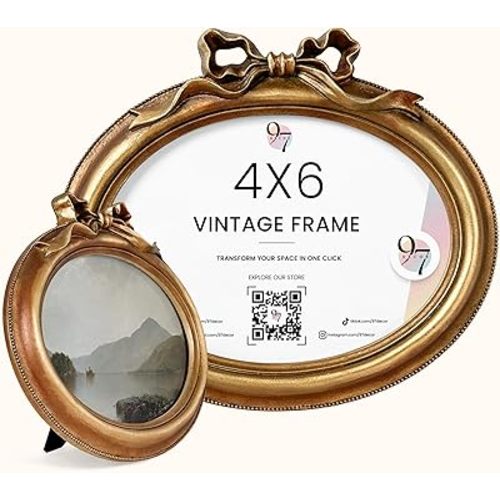 97 Decor Small Gold Oval Frame 4x6 - Vintage Picture Frames 4x6, Horizontal Antique Ornate Frame 4 X 6, Gold Bow Frames 4 by 6 With Glass Front For Tabletop And Wall Hanging, Antique Wall Decor