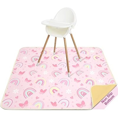 Basumee Splat Mat High Chair Mat Waterproof Baby Play Splat Mat for Under High Chair Food Catcher Highchair Mat for Floor Non Slip Bottom, Pink Rainbow, 51x51 Inches
