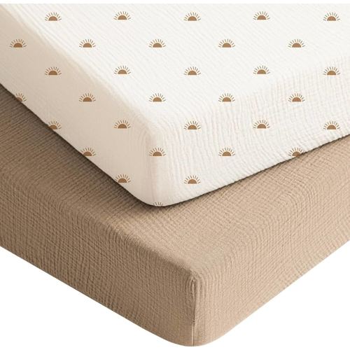 Konssy Muslin Crib Sheets for Boys, Soft Cotton Neutral Baby Sheets for Standard Crib Mattress 2 Pack, 52"x28" (Camel, Sun)