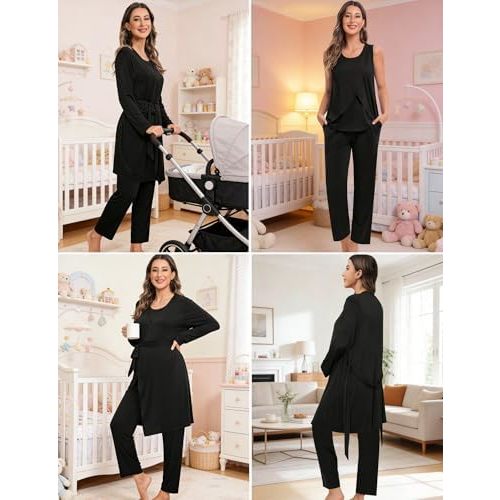 SWOMOG Maternity Nursing Robe Set 3 PCS Postpartum Breastfeeding Pajamas Hospital Pregnancy Pjs Double Layer Lounge Set