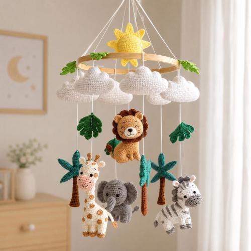 Crocheted Safari Animal Baby Mobile Cribs, Neutral Nursery Crib Mobile, Handmade Amigurumi Lion Baby Mobile, Nursery Decor Gift