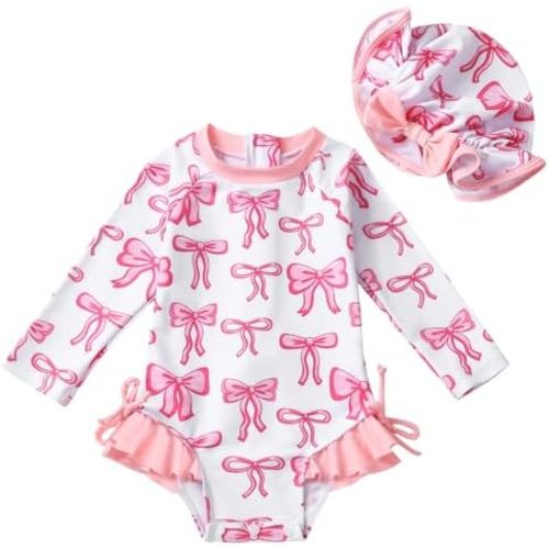AMAWMW Infant Baby Girl Swimsuit Long Sleeve One-Piece Swimwear with Hat Rash Guard Floral Zipper Bathing Suit Beach Wear