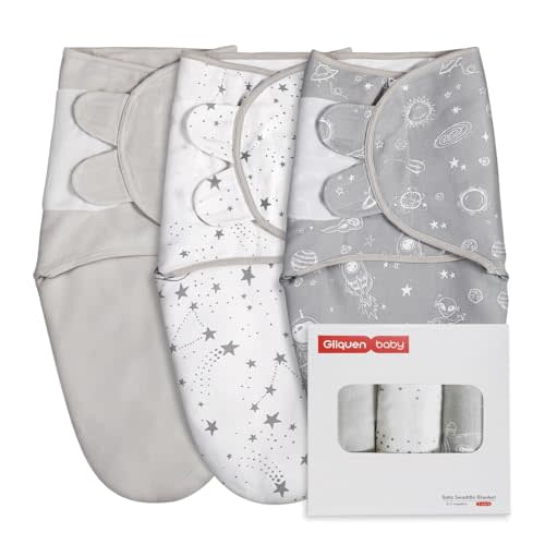 GLLQUEN BABY Organic Newborn Swaddles Sleep Sack, Swaddle Blankets for Baby Boy, 3 Pack Adjustable Wrap Set, Gray Starry Sky & Astronaut, 0-3 Months (Small/Medium)