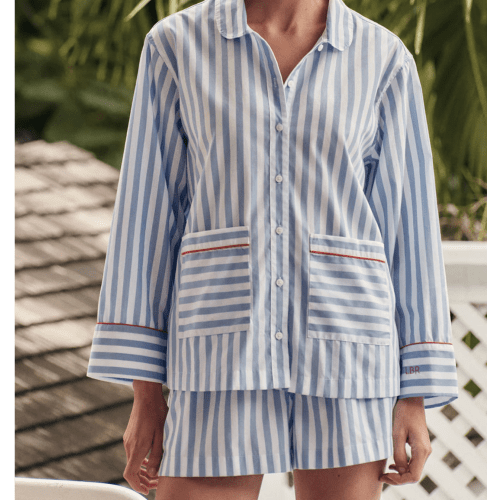 LAKE | Women | Poplin Pajamas | Baltic Blue Beam Stripe Poplin Long-Short Set